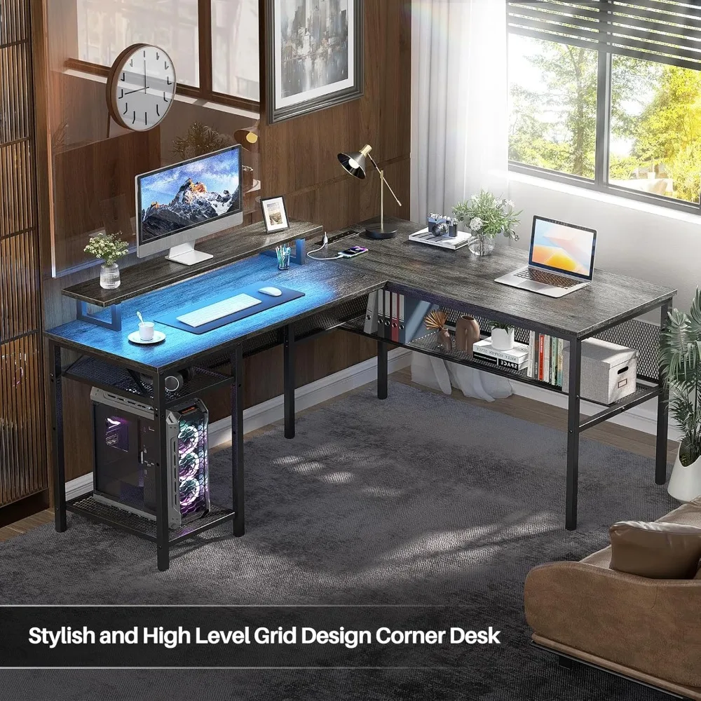L Shaped Computer Desk with Magic Power Outlets and Smart LED Light, Reversible Office Corner Desk with Ergonomic Monitor Stand