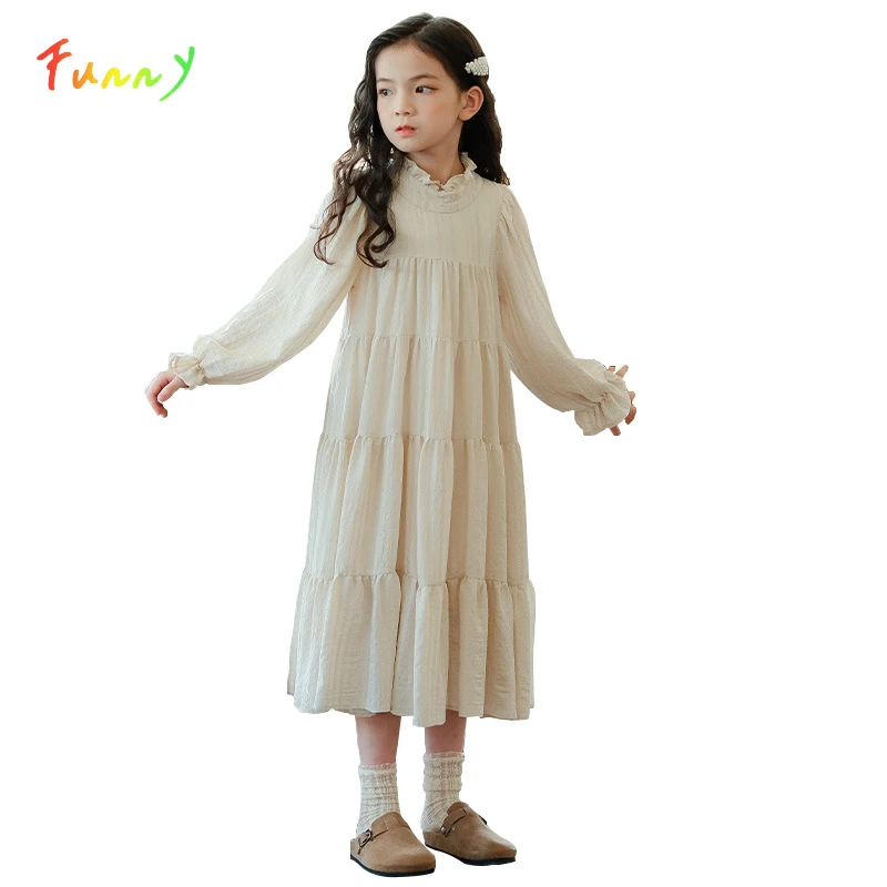 Teen Girl Kid\'s Dress Long Sleeve Midi Princess Layered Dress for Girls Ruffles Spring Autumn Children Clothing 6 to 16 Years