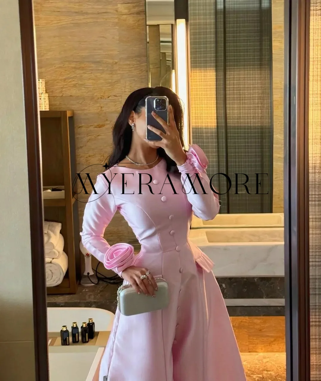 

Элегантные розовые вечерние платья с круглым вырезом и длинными рукавами, цветами и пуговицами, трапециевидные платья для выпускного вечера длиной до щиколотки по индивидуальному заказу فساتين سهرة