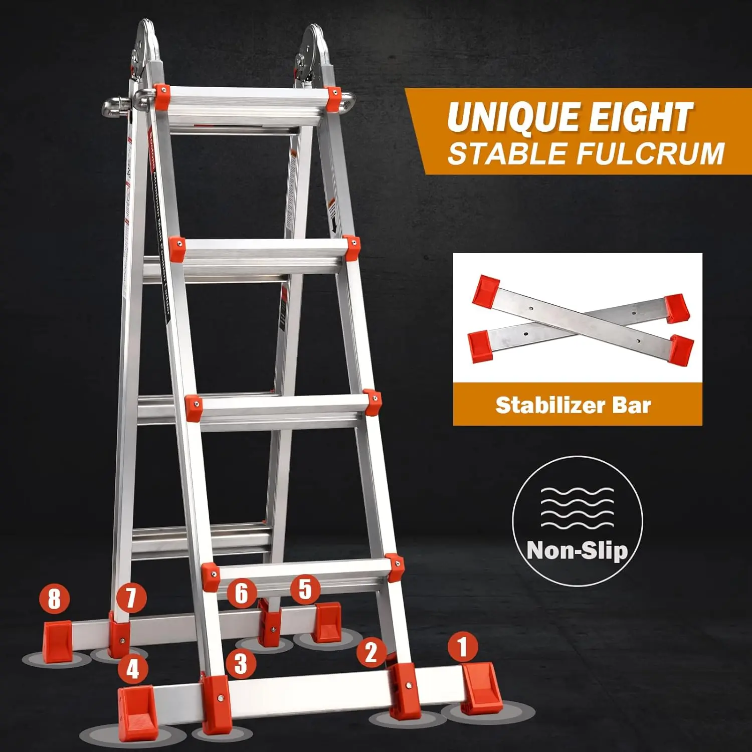 A Frame 4 Step Extension Ladder, 14 Ft with Multi Position & Removable Tool Tray with Stabilizer Bar, 330 lbs Weight Rating Tele