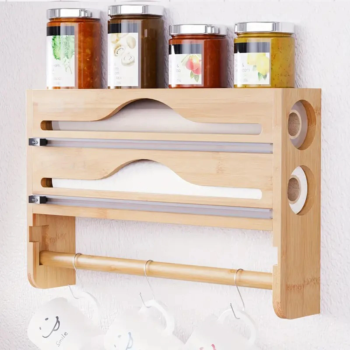 Bamboo Kitchen Organzier, Clingfilm & Foil Dispenser with Cutter, Wall-Mounted Storage Holder for Kitchen & Dining Room