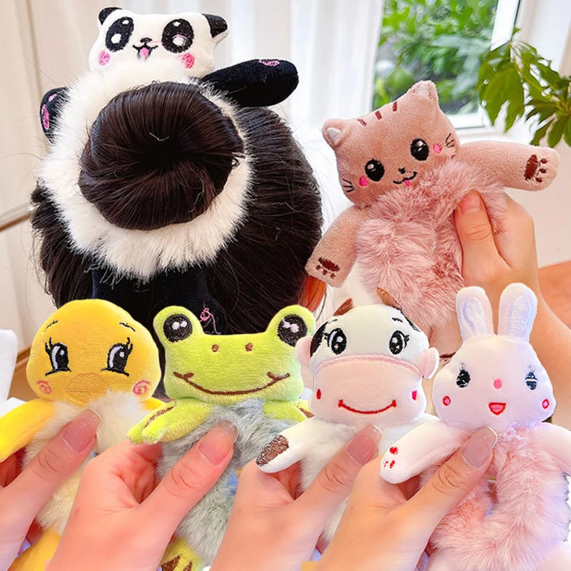 Cartoon Plush Hair Ties Panda Rabbit Frog Women Girls Elastic Hair Rope Cute Fluffy Animal Hair Bands Baby Kids Hair Accessories