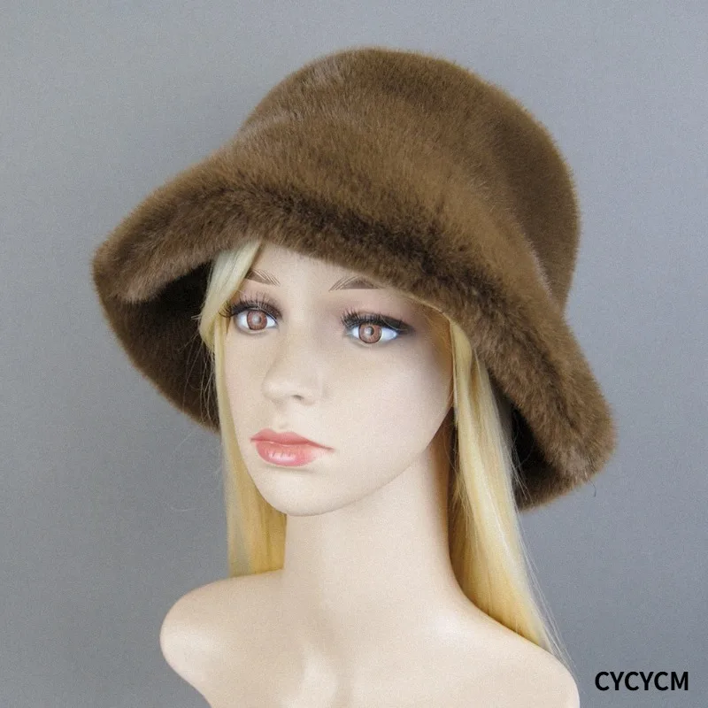 新作レディース冬用高級フェイクミンクファーボンバーハット天然保温人工毛皮キャップファッションガールズ高品質ソフトフェイクミンクファーハット