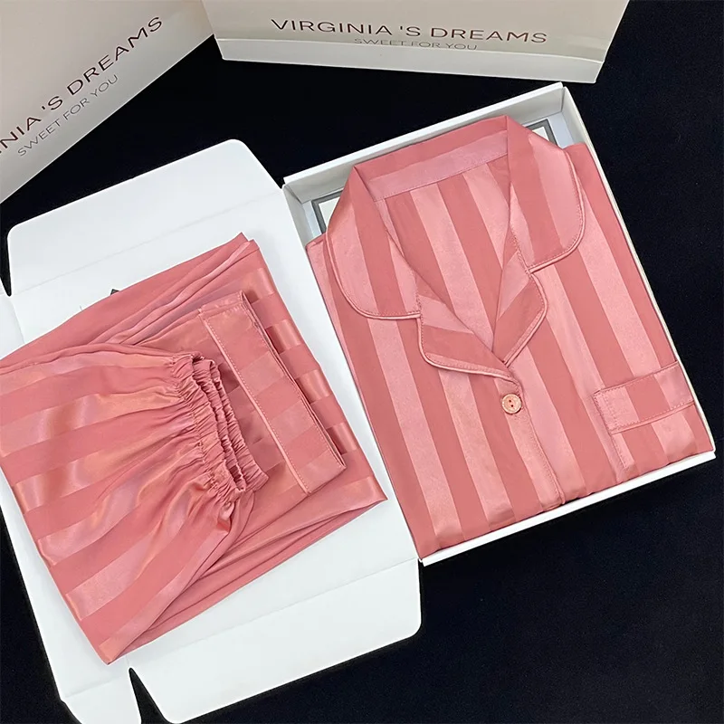 High-quality Striped Pajamas Women\'s Spring Autumn  Long-sleeved Trousers Thin Cardigan Pijamas Women Pink Satin Silk Sleepwear