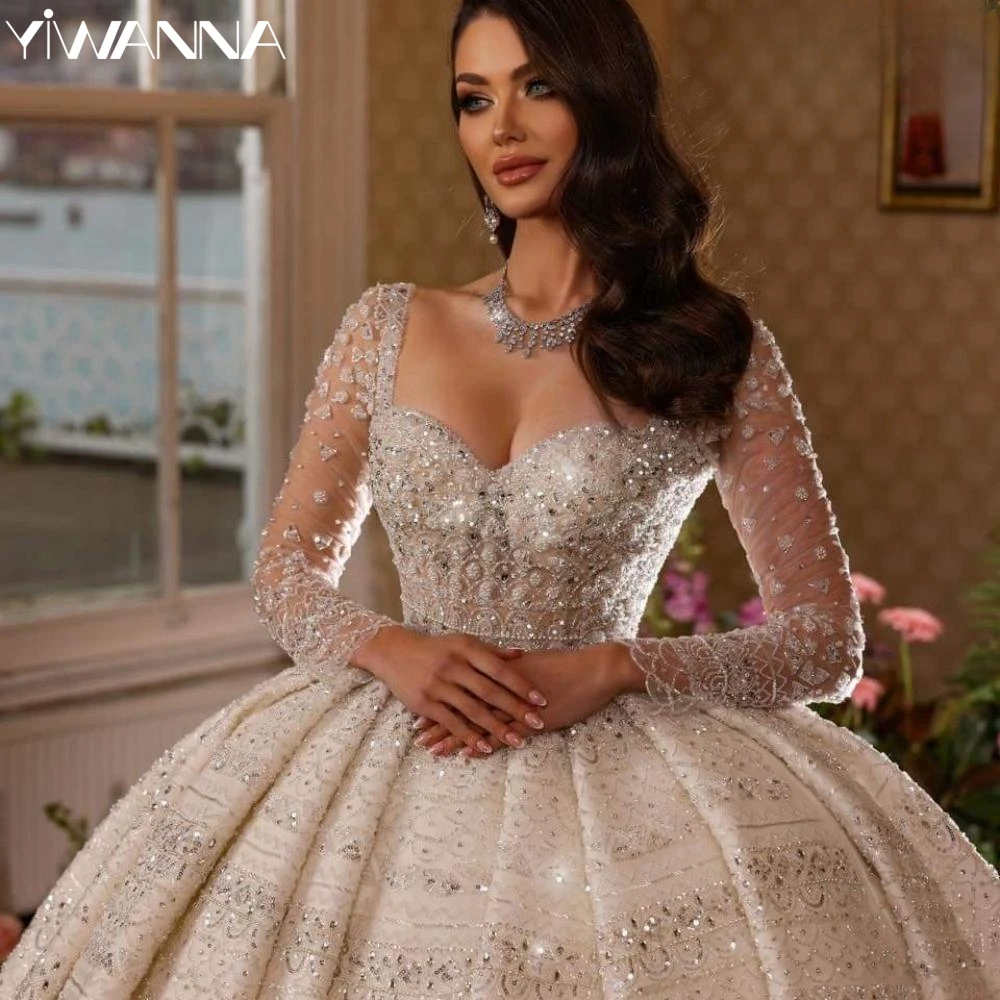 

Romantic Sweetheart Neck Ball Gowns Wedding Dress Luxury Beaded Bridal Gown 2025 Customized Long Sleeve Dresses For Bride