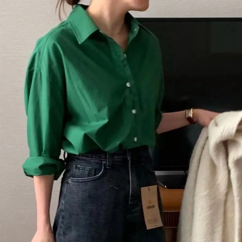 2024 New Fashion Solid Blouse Women Long Sleeve Casual White Loose Green Ladies Tops Blouses Vestido De Mujer 1994