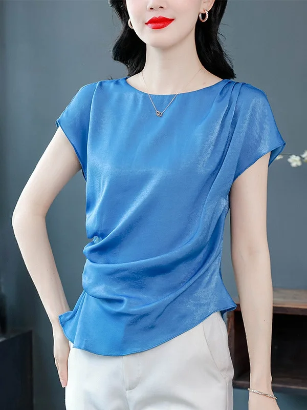 

Elegant Acetate Satin Short Sleeve round Neck Shirt Women's Summer Fashion Slim Fit Waist Cinched Shirt Commute Style