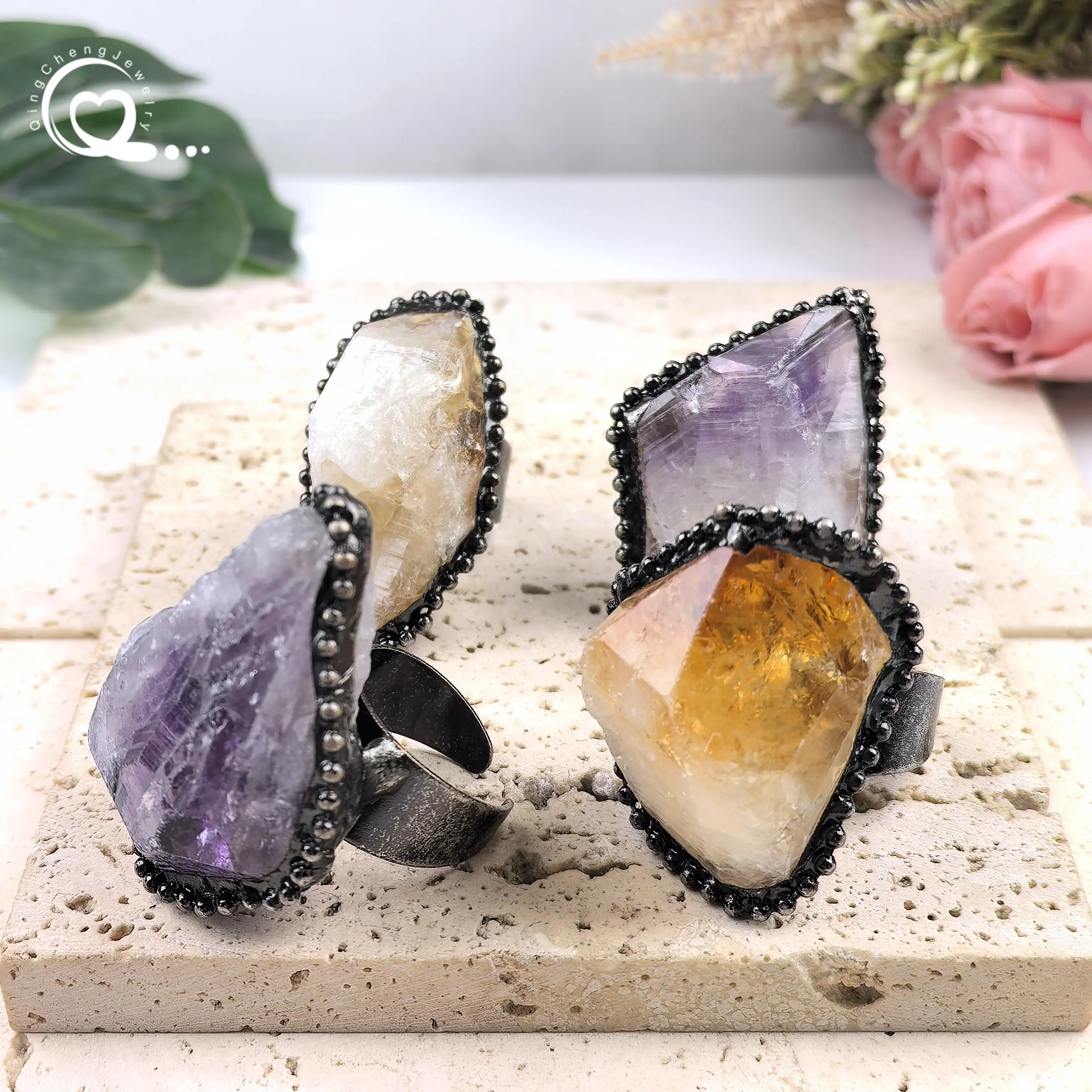 

Antique Silver Citrine Amethyst Rings Healing Raw Crystal Quartz Nugget Adjustable Finger Ring Men Women Fashion Jewelry QC4246