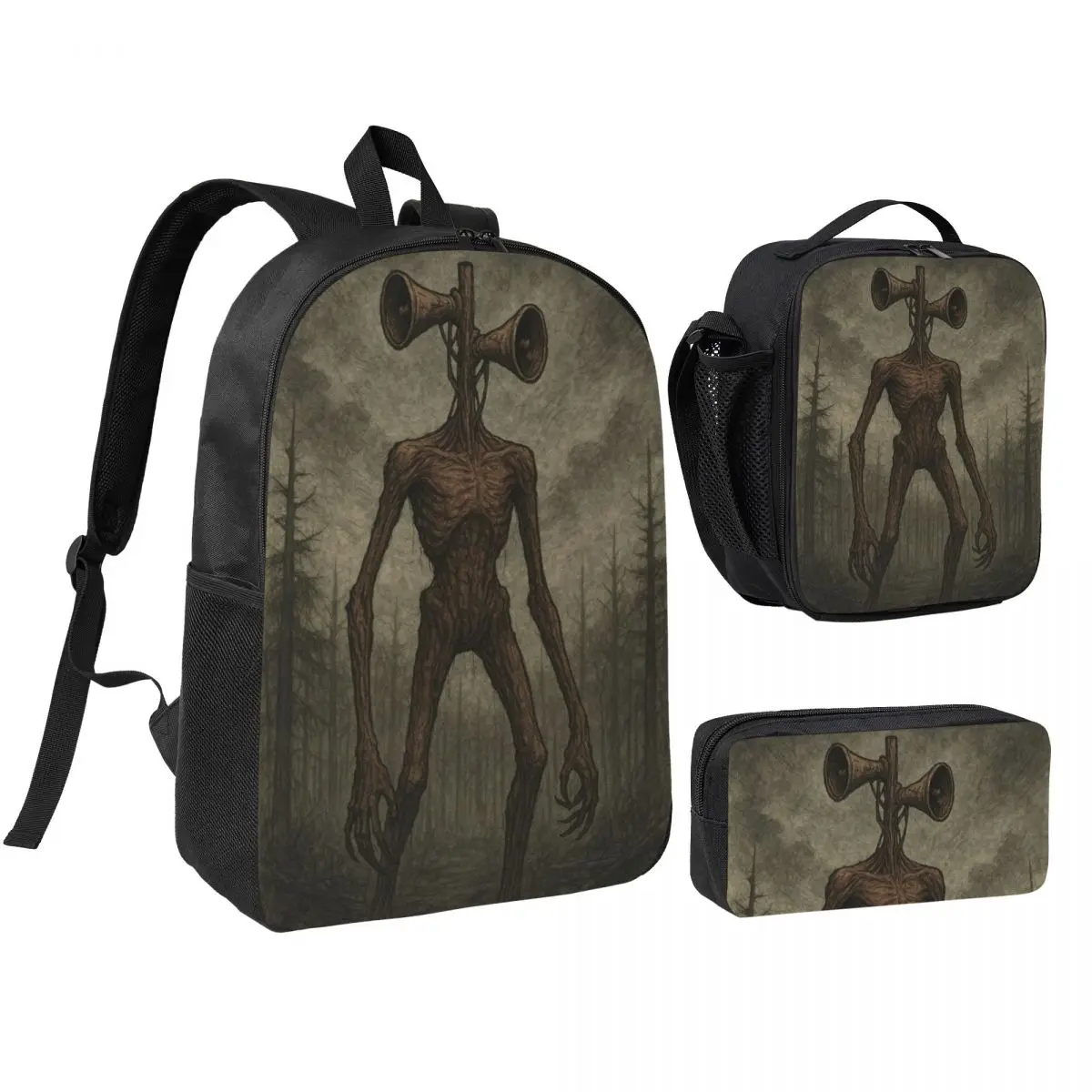 3Pcs Siren Head In Dark Forest Backpack Set for Boy Girl Pencil Boxes Bookbag Sets with Lunch Box For School Students Knapsack