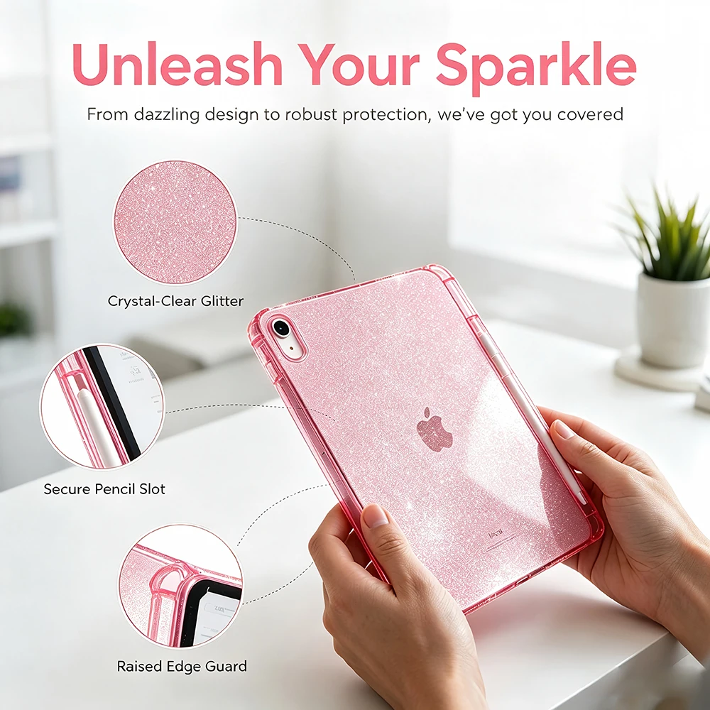Tablet Case for iPad A16 11th Gen 2025, 11'' / 10th Gen 2022 10.9 inch Glitter Crystal Soft Silicone Shell with Pencil Holder