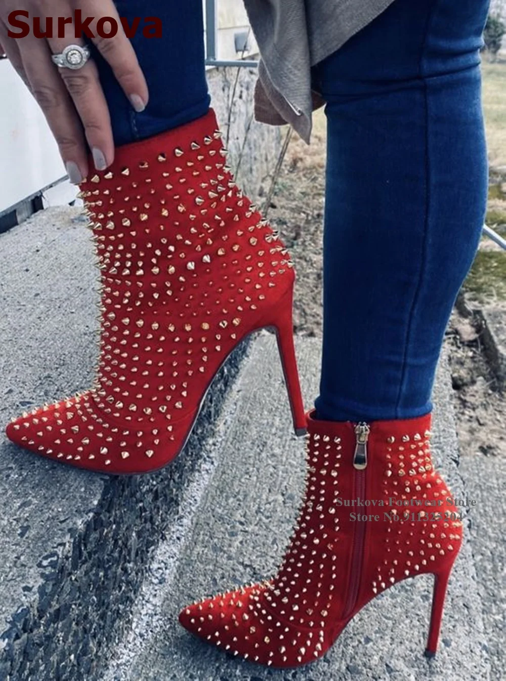 

Surkova Red Suede Gold Rivets Ankle Boots Thin High Heel Pointed Toe Studded Dress Shoes Zipped Banquet Pumps Size46 Dropship