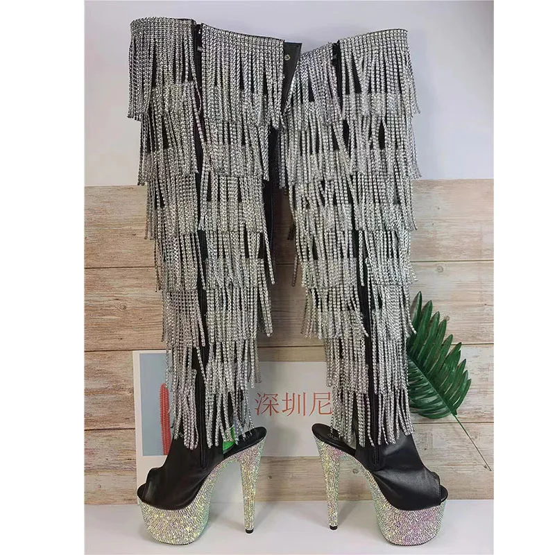 LAIJIANJINXIA New Platform Boots Fringe Dress Party Sexy Fetish Stripper Women Pole Dance Shoes Models Show Nightclub Rhinestone