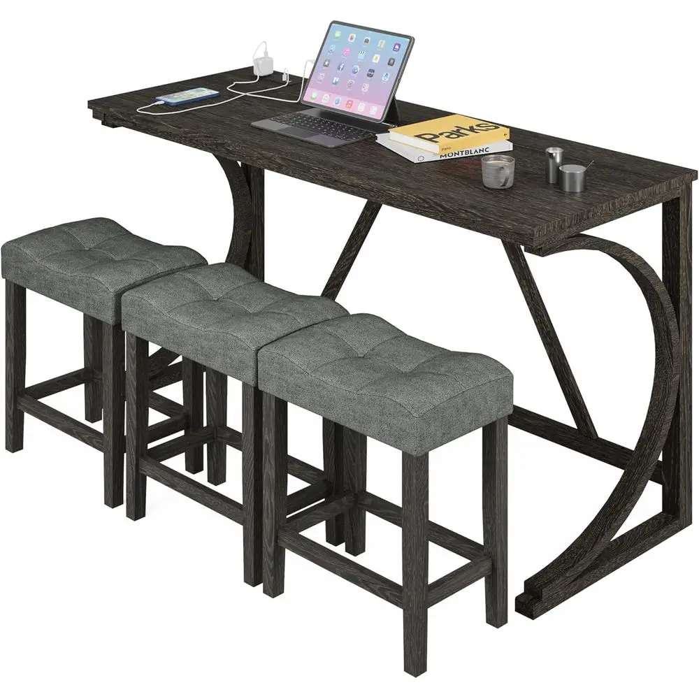 

4-Piece High Counter Table Set with 3 Fabric Padded Stools, Black Breakfast Nook