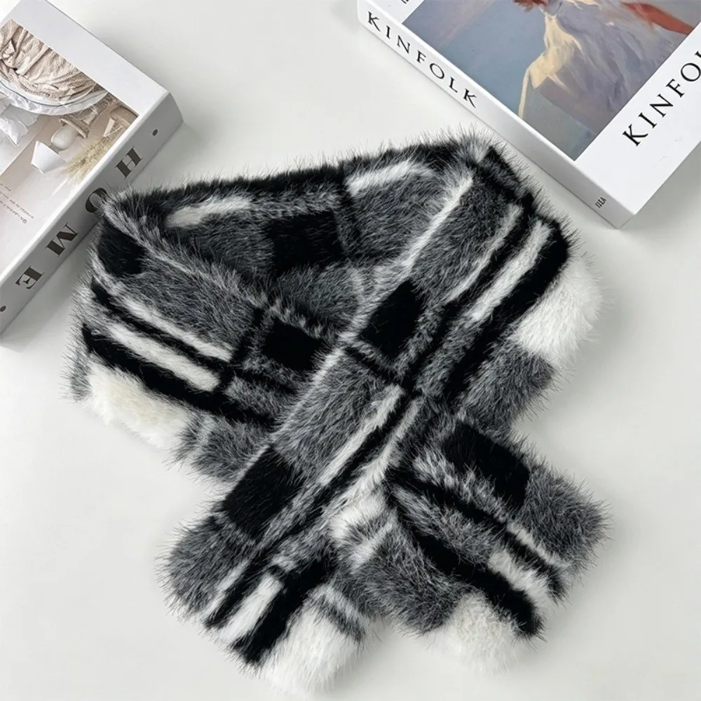 New Faux Fur Winter Scarf Hat Soft Plaid Mink Wool Scarf Warm Fluffy Bucket Hat Women