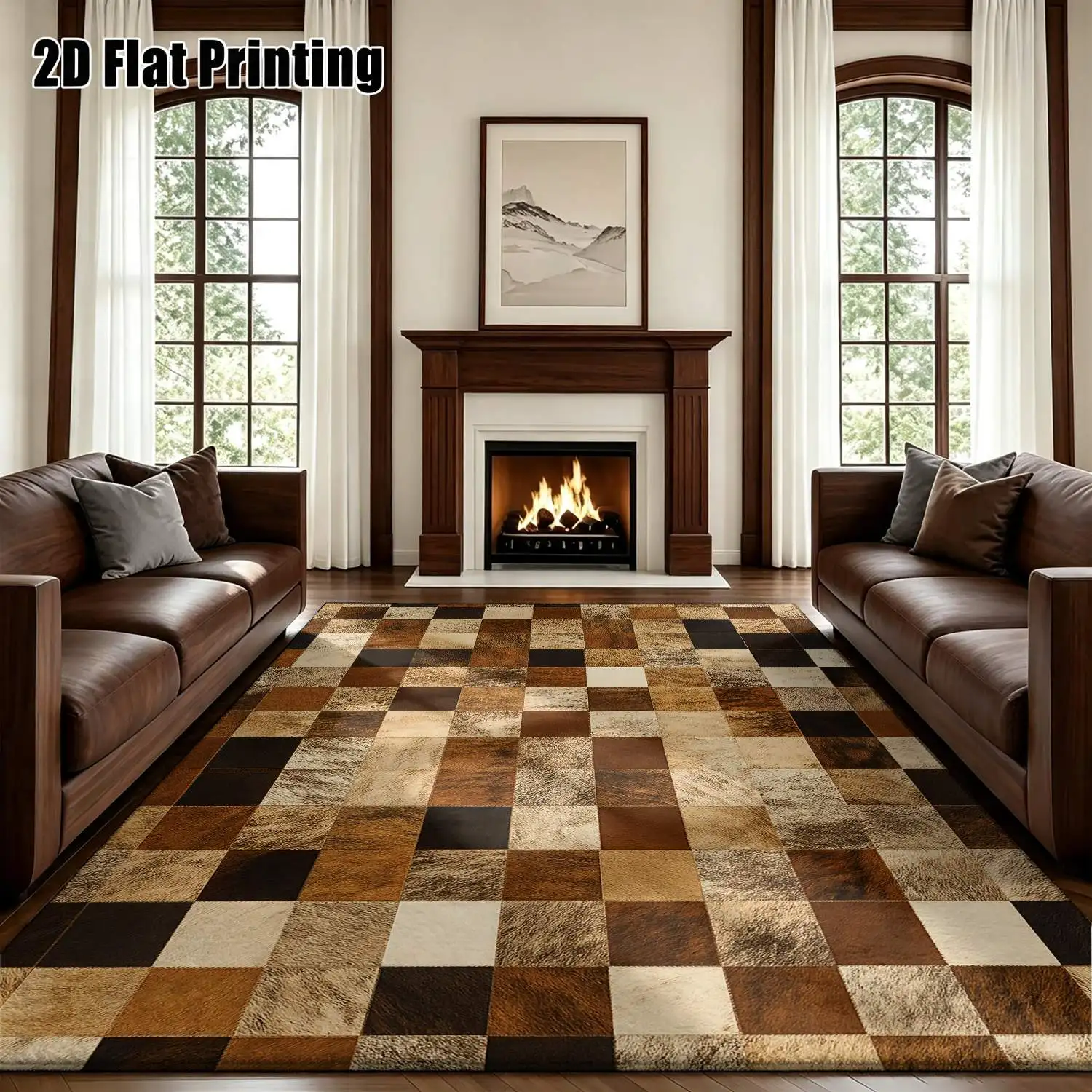 1Pc 2D Printed Carpet: Brown & Black Geometric Square Patterns, Nordic/Instagram-Inspired, Modern Minimalist Vintage Style, Machine Washable, Multi-Size, Ideal for Home Decor, Entryway/Dining Room/Foyer/Bedroom/Living Room
