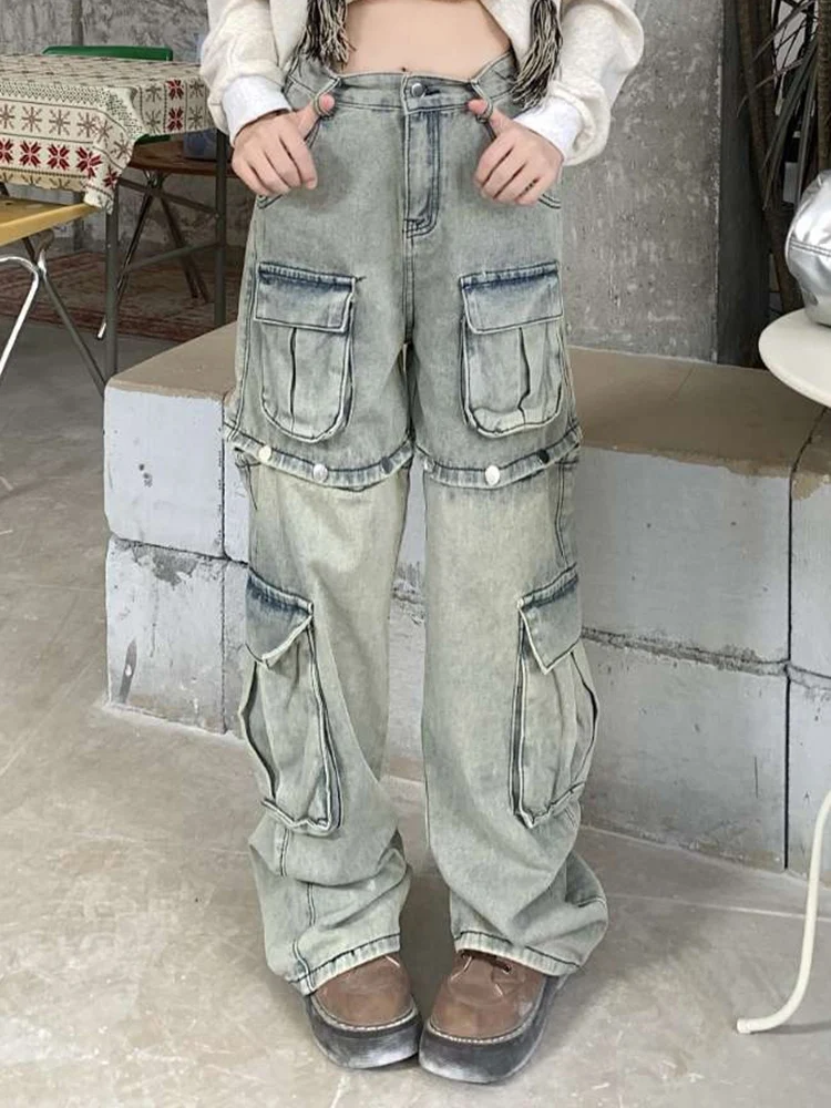 

Woman Detachable Design American Cargo Pants Summer Thin Denim High Street Jeans Lady Washed High Waist Loose Wide Leg Trousers