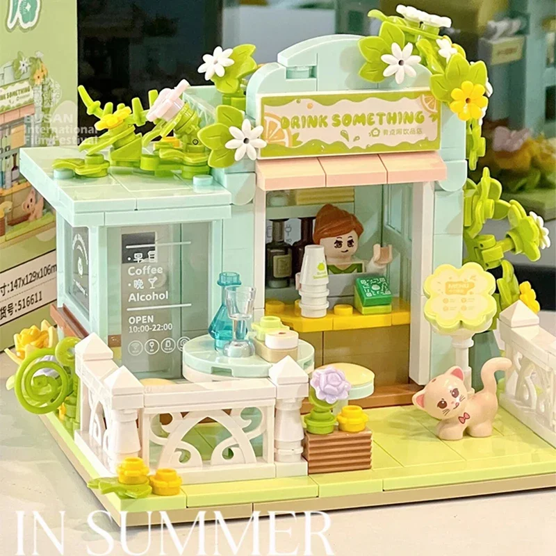 Kawaii Flower Shop Street Scene Assembled House Building Blocks Model Children Diy Small Toys Ornaments Girls Gift Collection