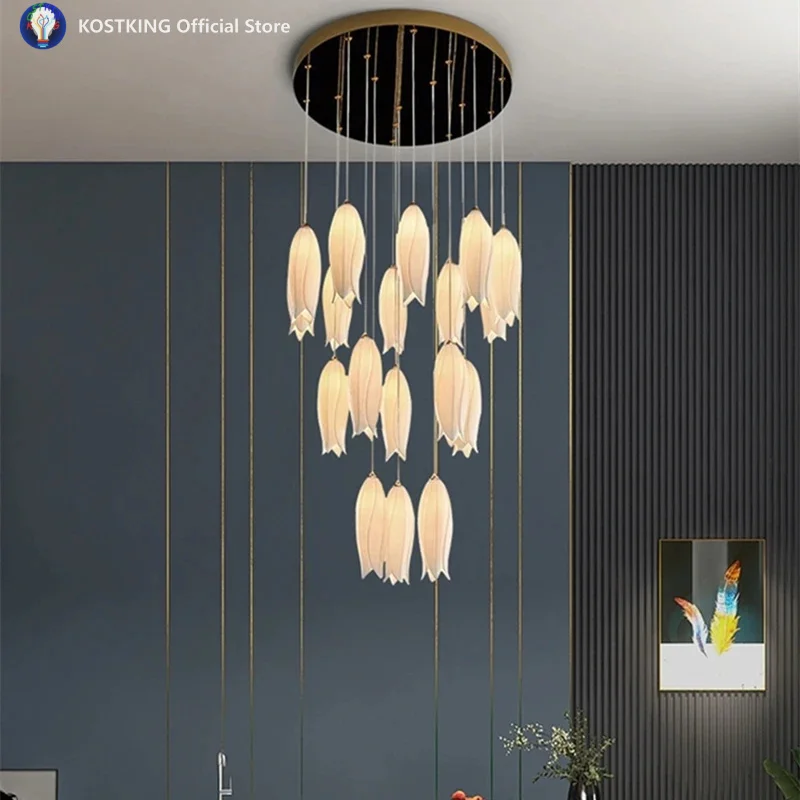 Nordic Ceramic Tulip Staircase chandelier for villa bedroom bedside restaurant hotel duplex building multi heads pendant lamp