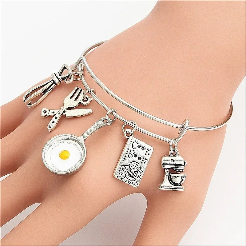 Wholesale 10pcs Kitchenware Cutlery Charm Bracelet Pot Recipe Spoon Bangle For Men Women Adjustable Alex Style Bracelets