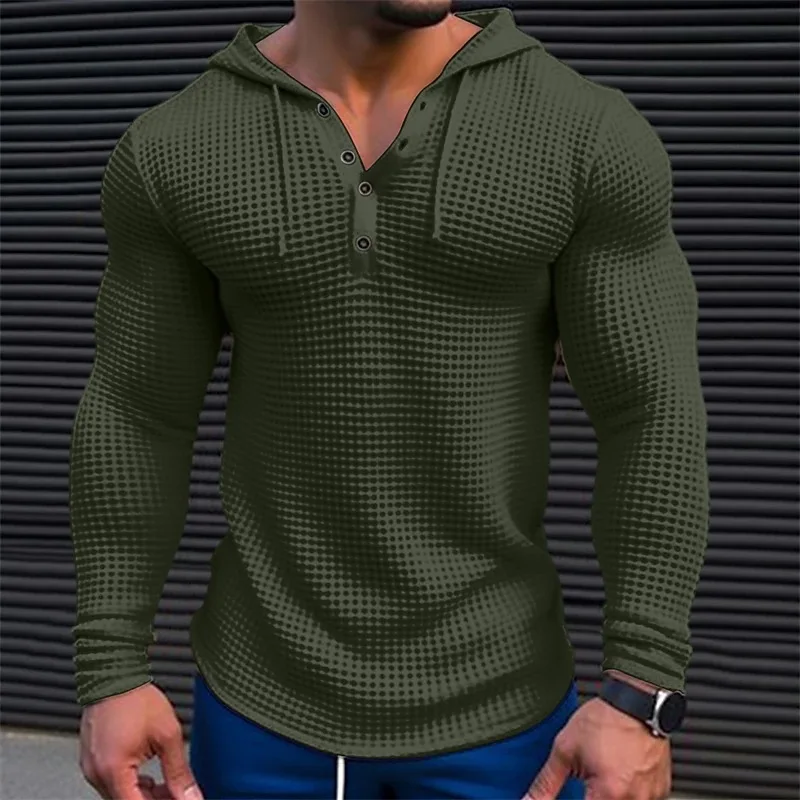 2026 Neuer Herren-Hoodie mit Waffelstruktur, Henley-T-Shirt, Langarm, Einfarbig, Slim Fit, Lässiger Kapuzenpullover für Männer, Alltagsoutfit – Detail 4