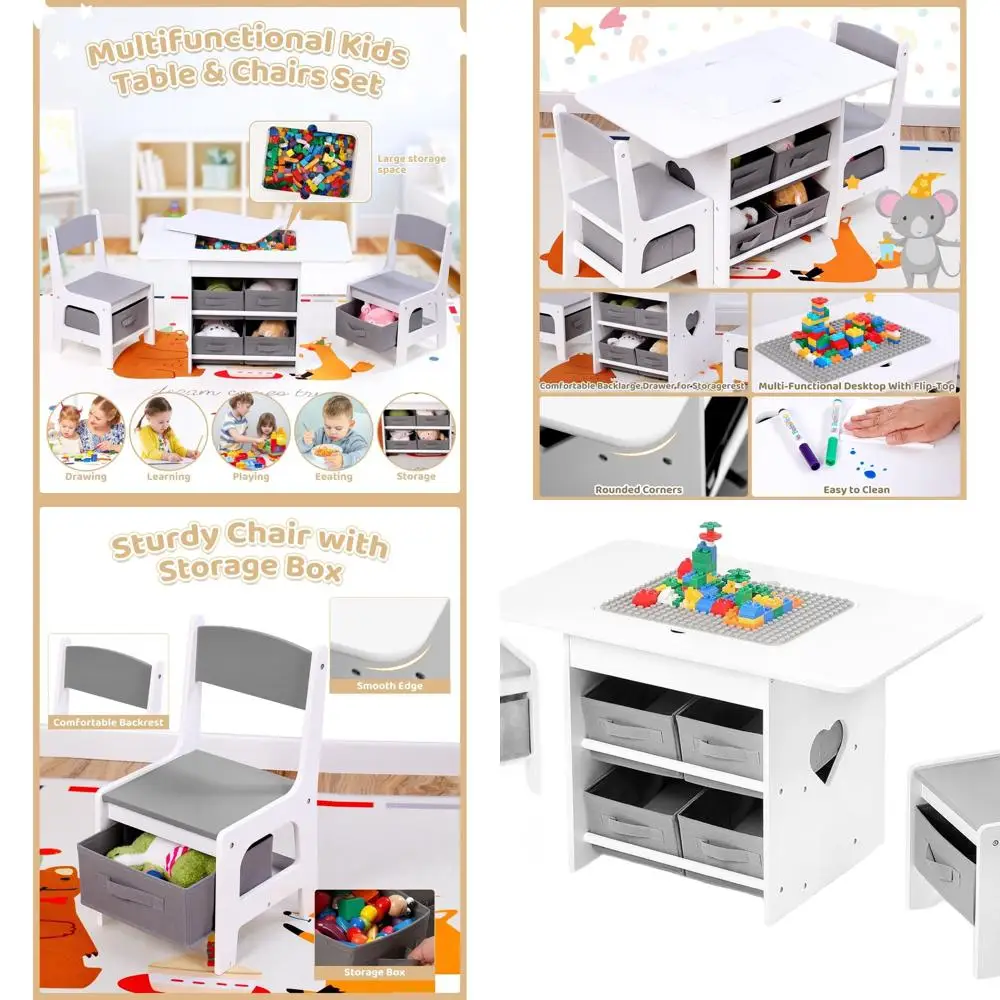 Gray 2-in-1 Kids Table with 2 Chairs and Storage, Building Blocks Compatible Activity Set for Boys & Girls