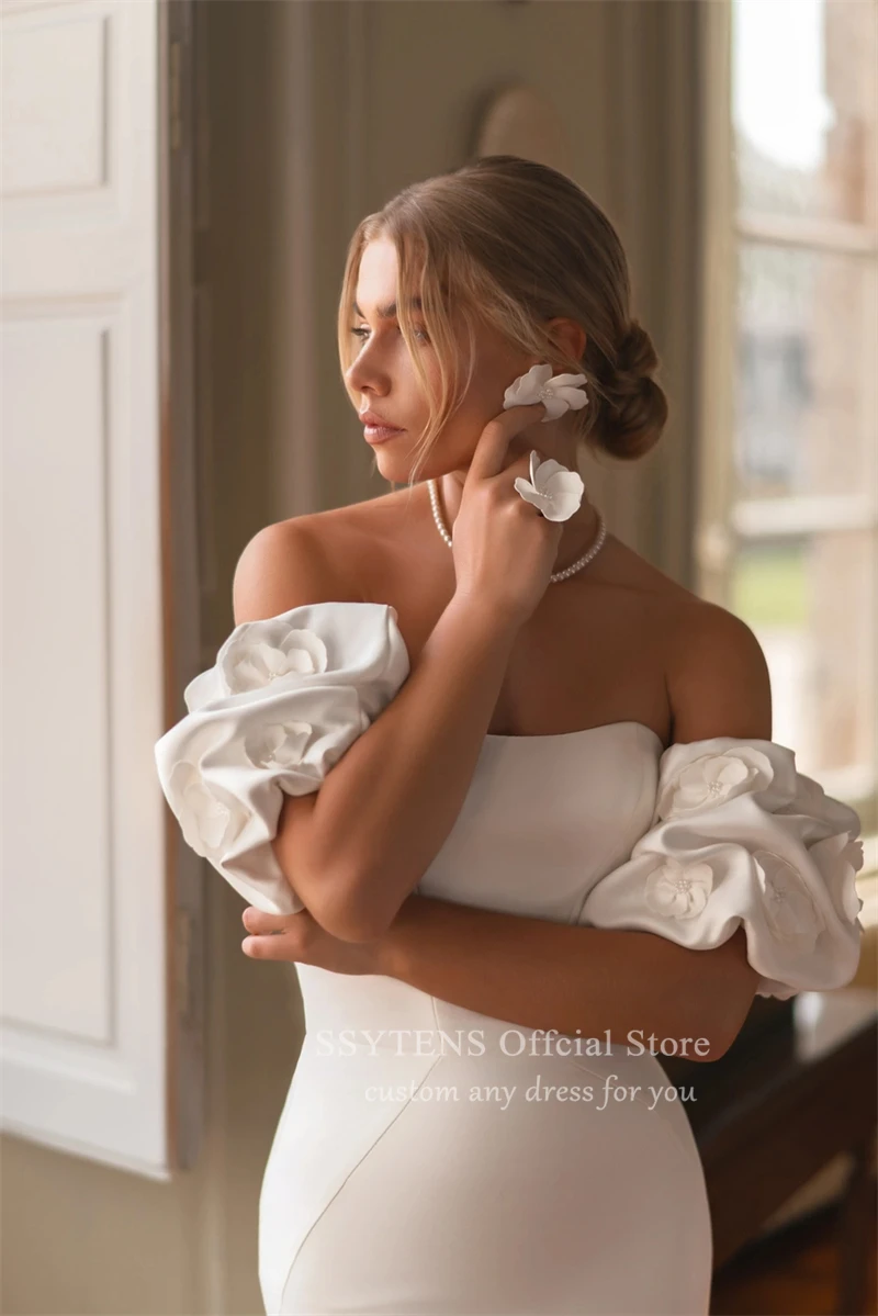 Robe de mariée sirène sexy en satin avec poignées, manches courtes, sans bretelles, robes de patients, train de balayage, fleur 3D, luxe