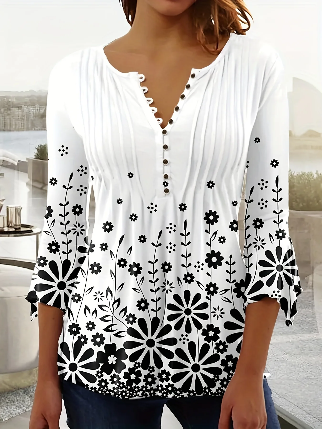 

Women's Plus Size Clothing 3/4 Sleeve V-neck Floral Printed TopNyfairy