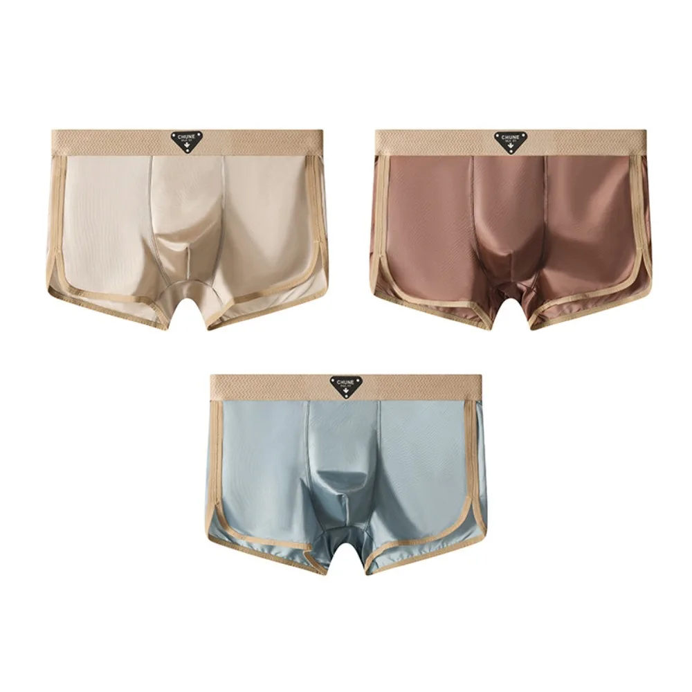 

3Pcs Breathable Thin Satin Silk Boxer Briefs Seamless Mid Waist Ice Silk Boxers Lingerie Solid Color Underwear for Men Gifts