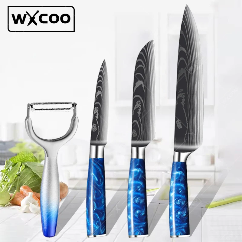 WXCOO Profesyonel Mutfak Bıçağı Seti Paslanmaz Çelik şef bıçağı Sıyırma Dilimleme Meyve Soyucu Pişirme Aksesuarları Reçine Kolu