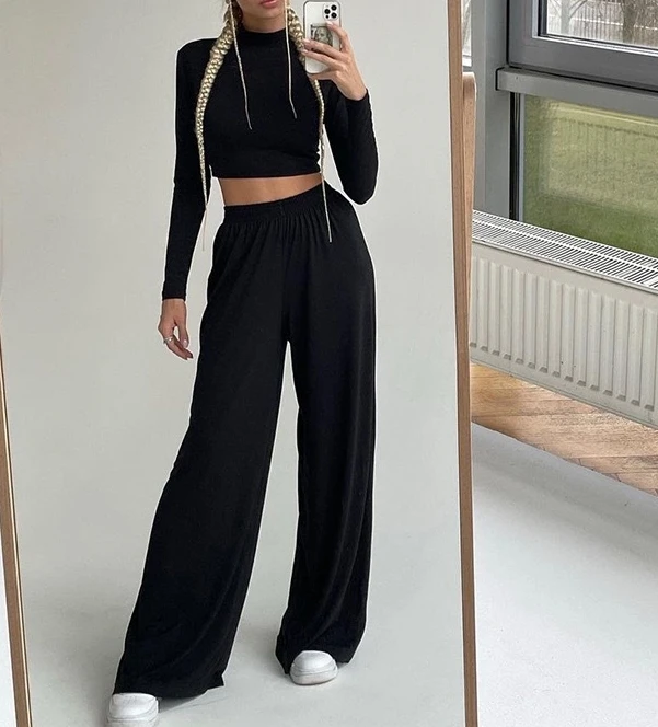 

Women's Two Piece Sports Casual Commuting Summer Solid Color Mock Neck Long Sleeve Crop Tops and High Waist Wide Leg Pants Set