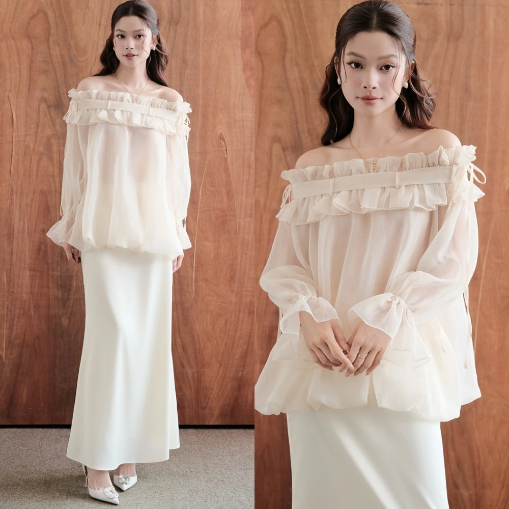 

Customized Simple Boat Neck Chiffon Evening Dress Classic Long Sleeves Cocktail Dress Temperament Mermaid Special Occasion Gowns