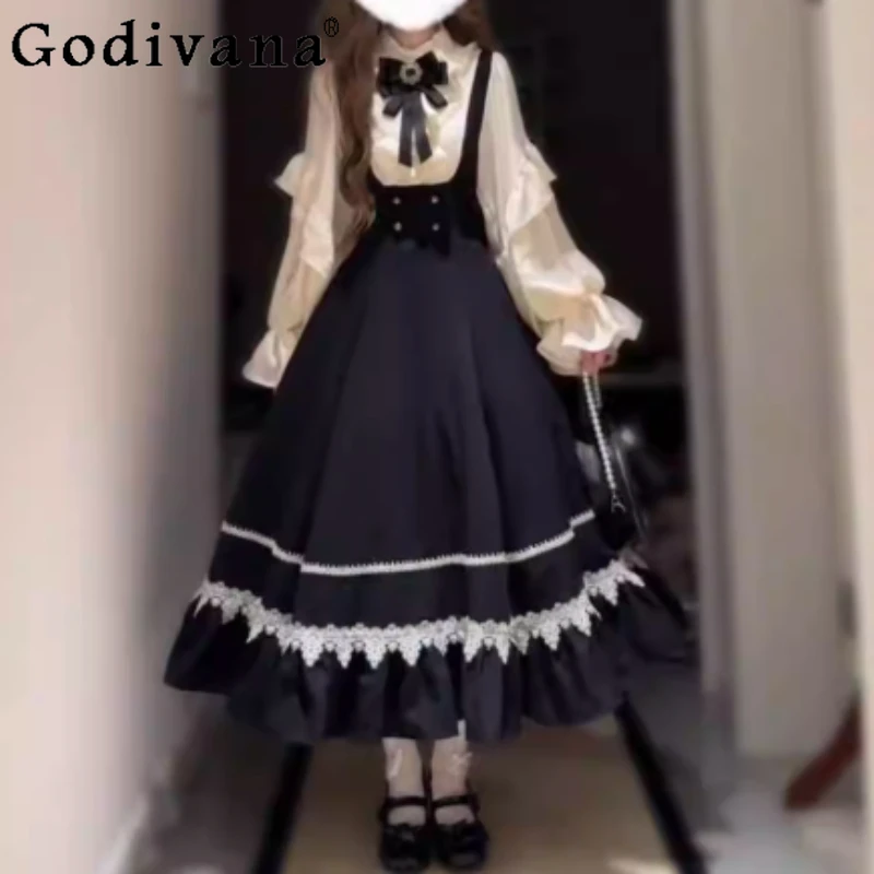 

Spring Autumn College Sweet Bow Stand-Up Collar Big Swing Dress Fashion High Waist Versatile Age Reduction Japanese Dresses