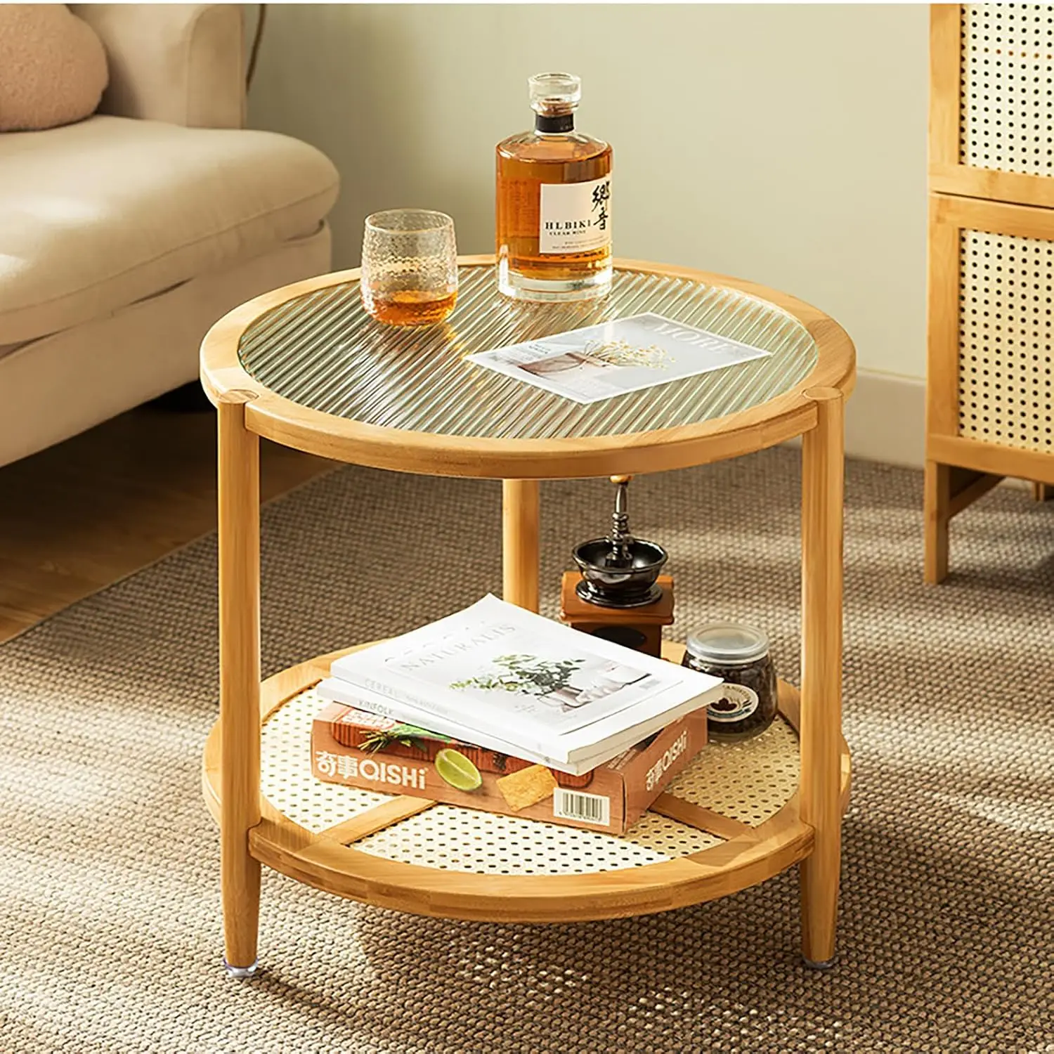 

Mid Century Modern Round Coffee Table with Textured Glass Tabletop and Rattan Storage Shelf,2-Tier Boho Coffe Table