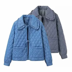 2024 ZAR4 Autumn New Women's Wear European and American Style Flip Collar Diamond Grid Lightweight Cotton Coat Jacket