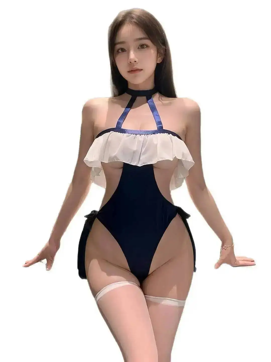 ชุดบอดี้สูทแบบเว้าอก สายคล้องคอ สไตล์เฟยมู เพียว ดีไซร์ โชว์เนินอก รุ่น FH9P