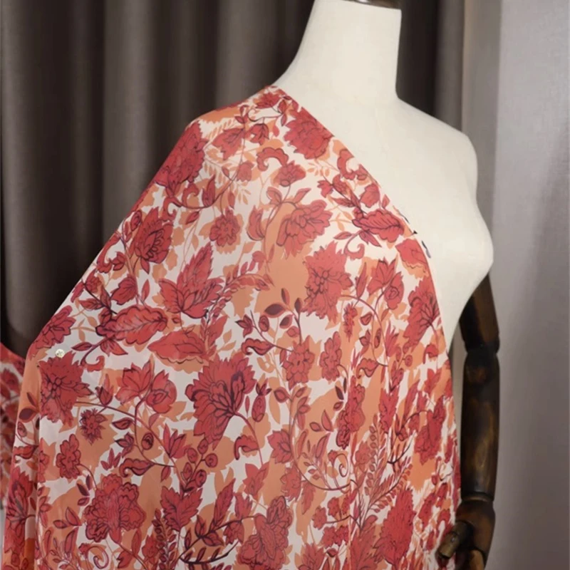

Summer Thin Breathable Red Flower Georgette Silk Chiffon Handmade DIY Sewing Dress 100% Mulberry Silk Fabric Needlework Material