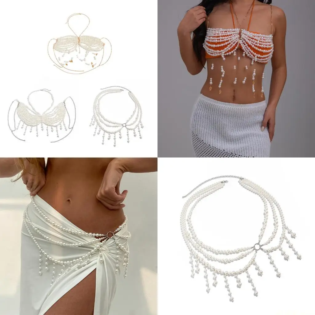 

D46E Изысканная цепочка для тела с жемчугом, нижнее белье, универсальный ювелирный аксессуар на груди, портативный для вечеринок