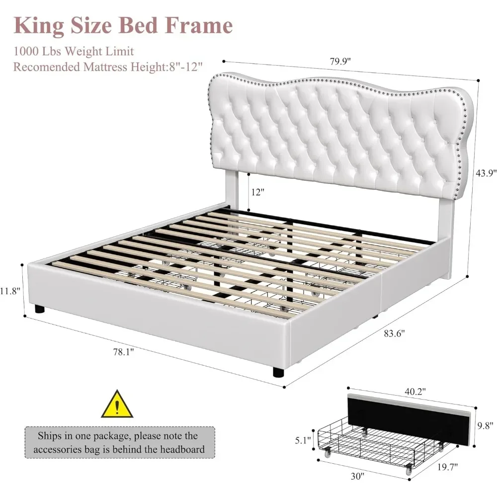 King Size Bed Frame with 4 Storage Drawers, Upholstered Platform Bed Frame with Button Tufted Headboard, White