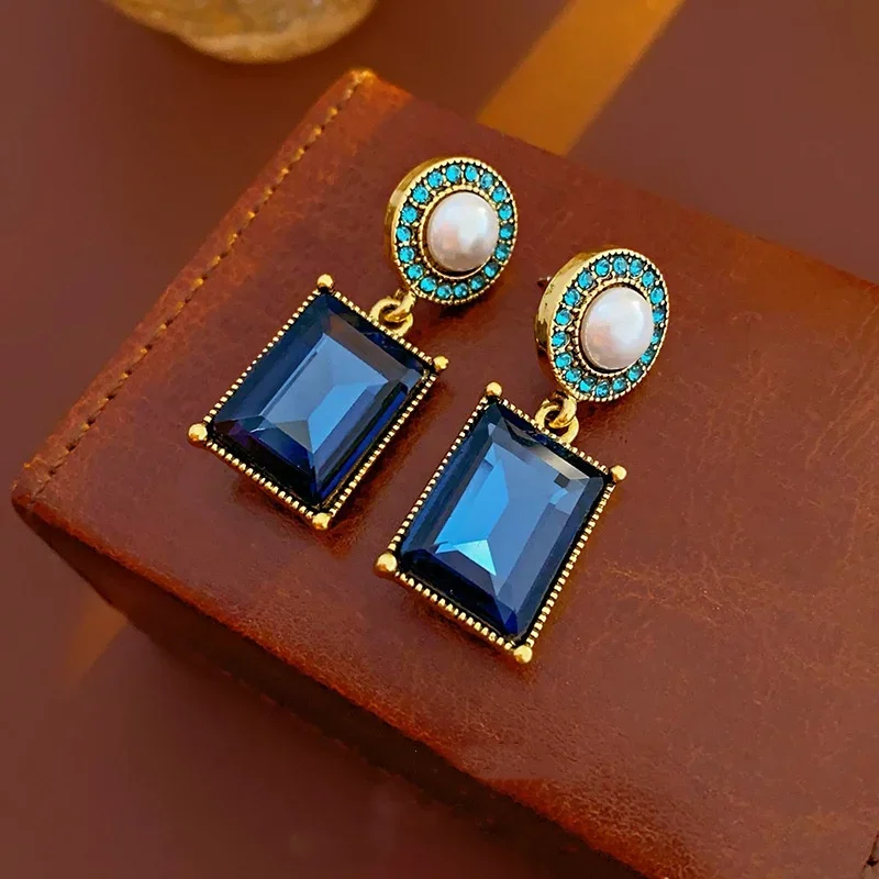 الأزرق الداكن حجر الراين مربع اللؤلؤ قلادة القرط للنساء القرون الوسطى خمر الترقوة سلسلة رائعة مجموعات مجوهرات البريق