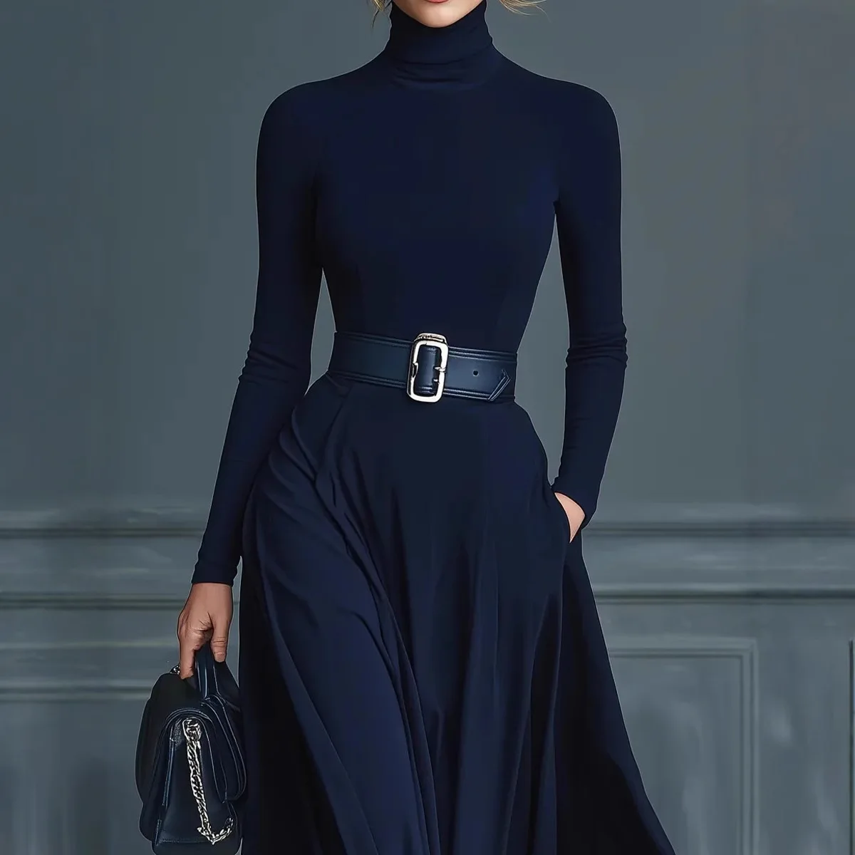 Herbst Neue Frauen Elegante Einfarbig Rollkragen Maxi Kleid Langarm Büro Party Abendkleid Tasche Maxi Kleid Gürtel