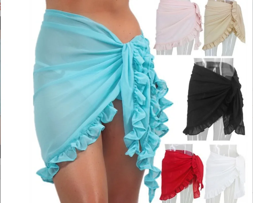 Swimsuit Coverups for Women Ruffle Hem Sarong Beach Bikini Wrap Sheer Short Skirt Chiffon Scarf for Swimwear