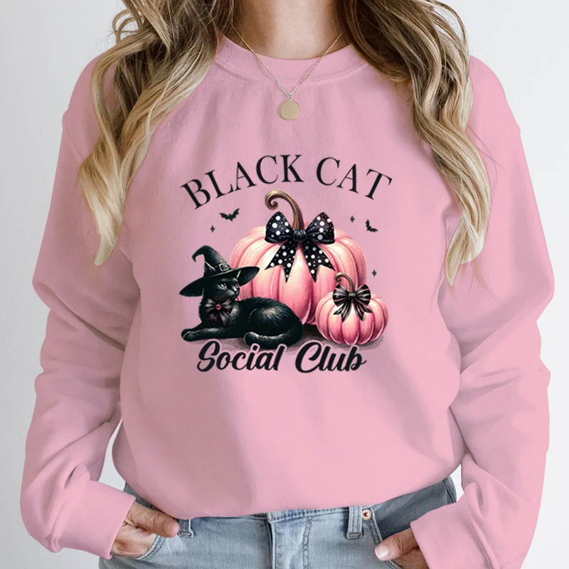 Women Fashion Creative Halloween Pumpkin Black Cat Social Club Print Pullover Long Sleeve Graphic Plus Size Hoodeless Sweatshirt