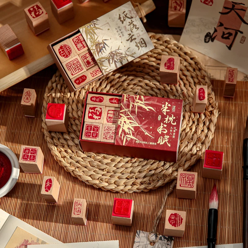 1 Box/9 Stück Stempel im chinesischen Stil mit Vintage-Zeichen für DIY handgemachte Alben, Scrapbooking, dekorative Papierbedarf