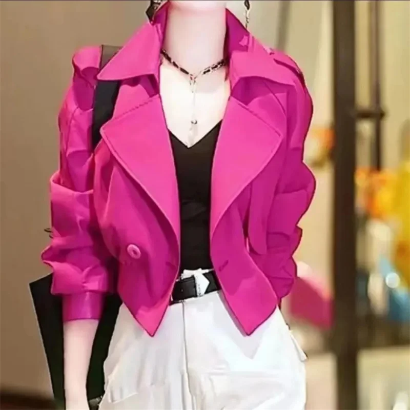 Fashion Short Rose Red Windbreaker Jacket Women's Coat 2024 New Spring Autumn Heavy Industry Slim Harlan Jacket Female Top