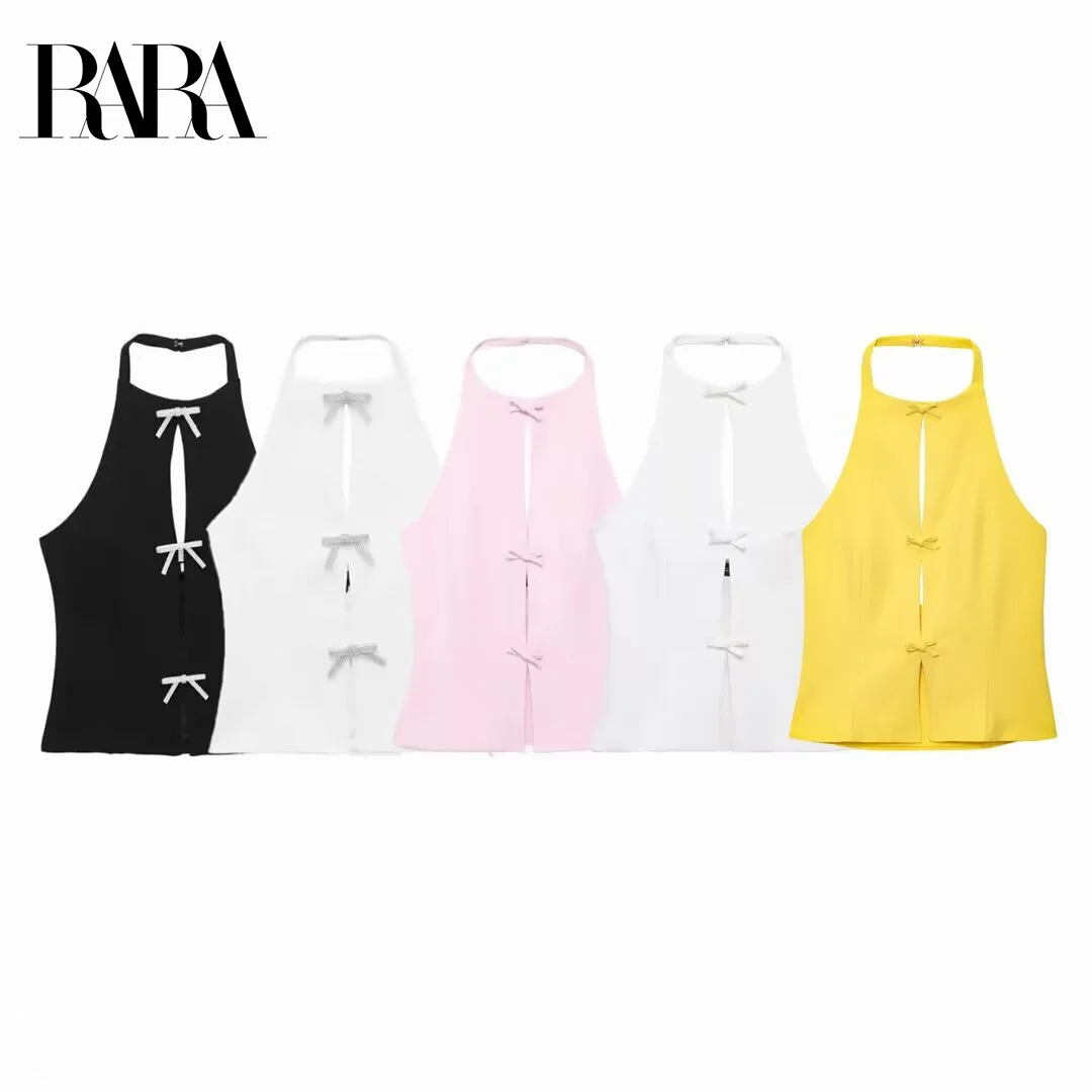 

RARA Women's Summer New Bow Placket - decorated Elegant Hot Sleeveless Off - shoulder Halter Neck Camisole Top