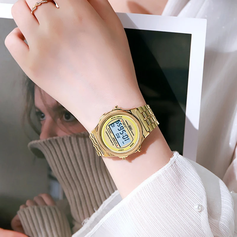 Women Casual LED Electronic Watch Retro Stainless Steel Men Women Unisex LED Digital Watch Multifunction Waterproof Wristwatch