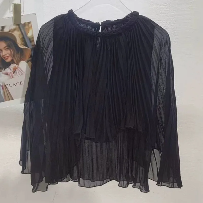 HKSH Women Shirt Elegant Fashion O-Neck Pleated Design Irregular Niche Versatile Solid Color Trendy Blouse Spring Autumn HK25536