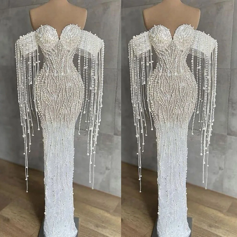 Luxuriöse Meerjungfrau-Brautkleider mit Herzausschnitt und Perlenstickerei, Designer-Schnürung am Rücken, bodenlang, mit Falten, maßgeschneiderte Robe De Mariée