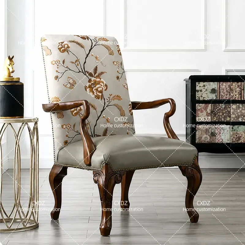American Solid Wood Sofa Chair Light Luxury Tiger Pattern Single Leisure Chair Leather Fabric Living Room High Back Lazy
