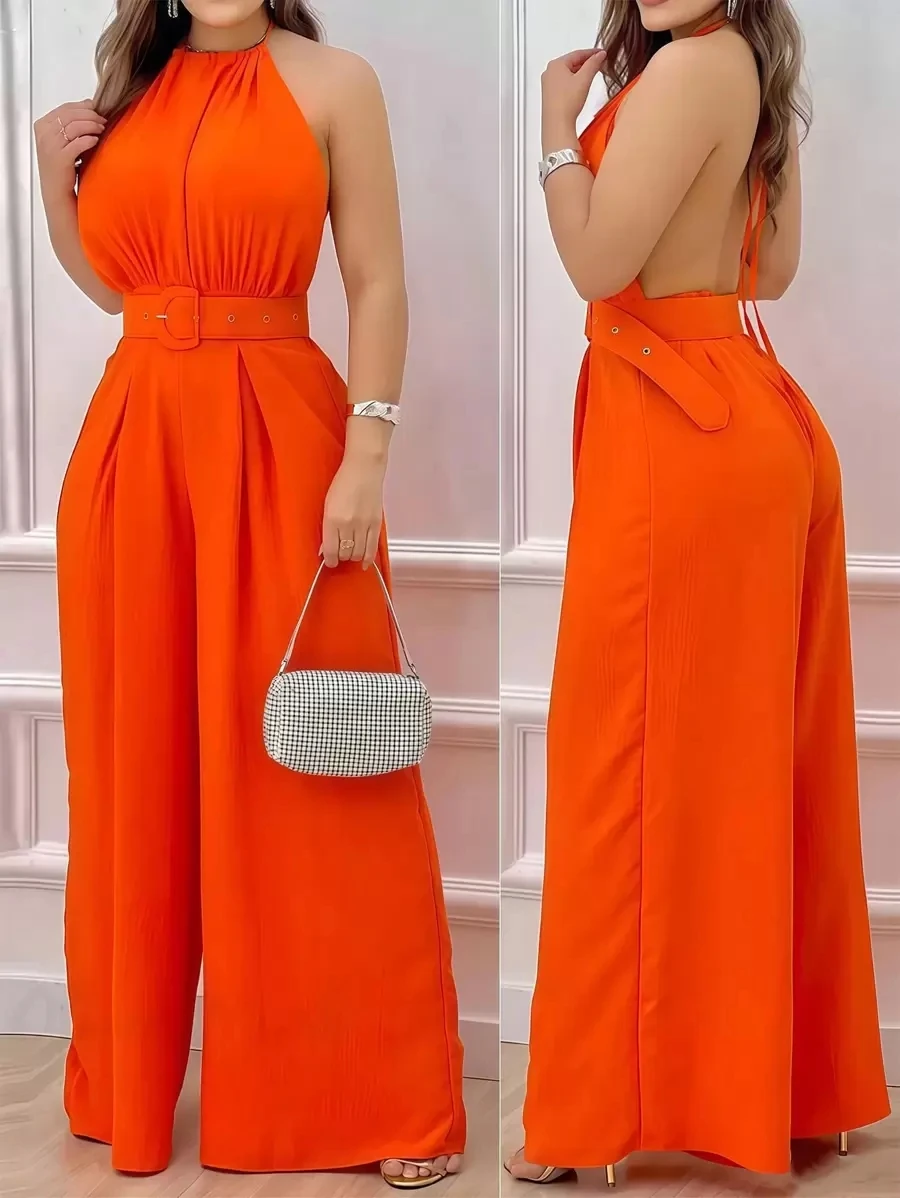 

Elegant Ladies Sleeveless Slim Fit Solid Color Wide Leg Jumpsuit No Belt Fashionable And Stylish One-Piece Suit for Women